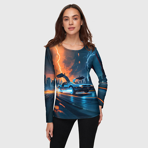 Женский лонгслив Автомобиль и ночные молнии / 3D-принт – фото 3