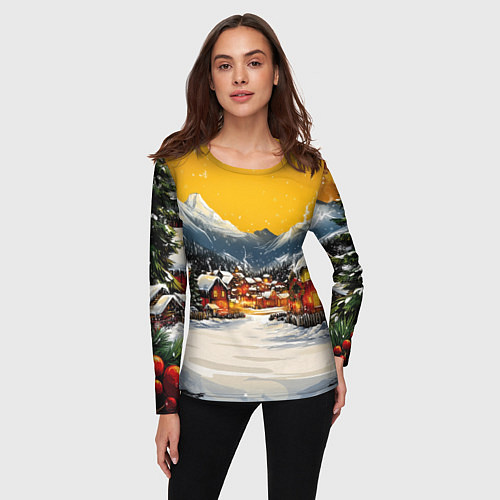 Женский лонгслив Ламповый новый год - домики / 3D-принт – фото 3