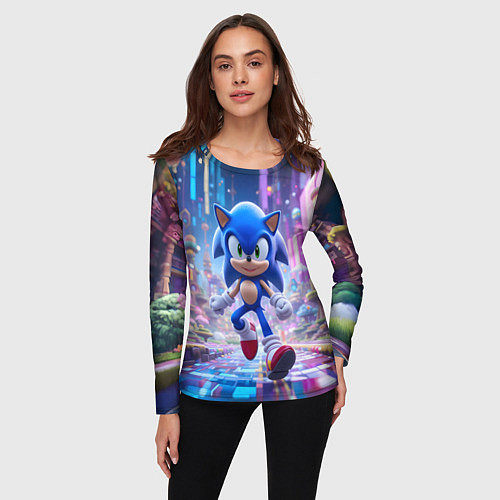 Женский лонгслив Sonic в неоновом городе / 3D-принт – фото 3