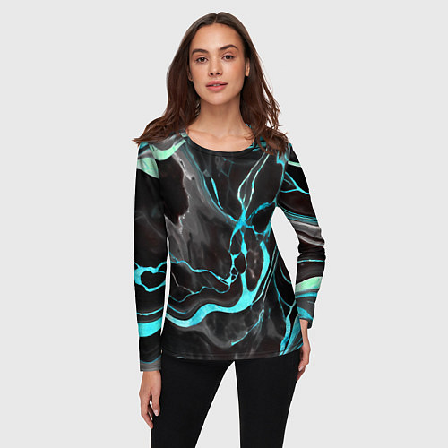 Женский лонгслив Голубые флюиды на чёрном фоне / 3D-принт – фото 3