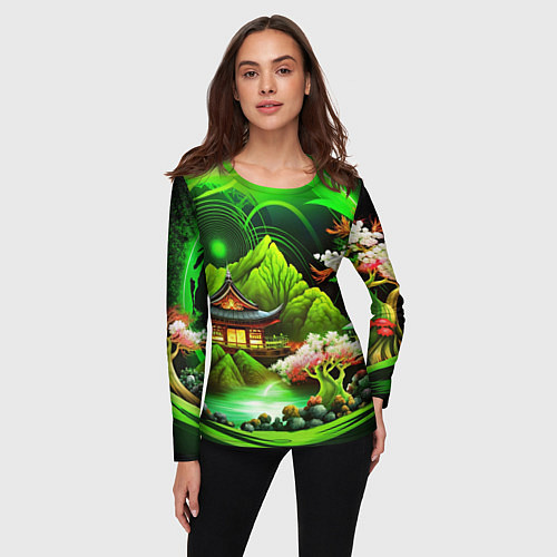 Женский лонгслив Природа Японии в зеленых цветах / 3D-принт – фото 3