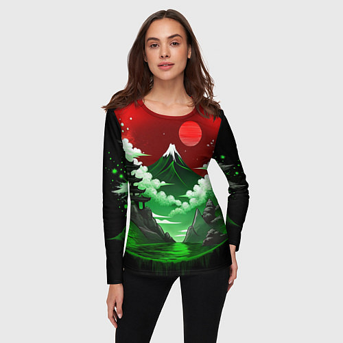 Женский лонгслив Япония красно-зеленая природа / 3D-принт – фото 3
