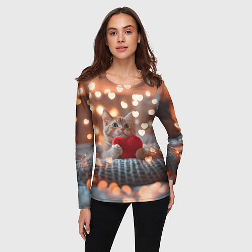 Женский лонгслив Котик с сердечком на фоне боке / 3D-принт – фото 3