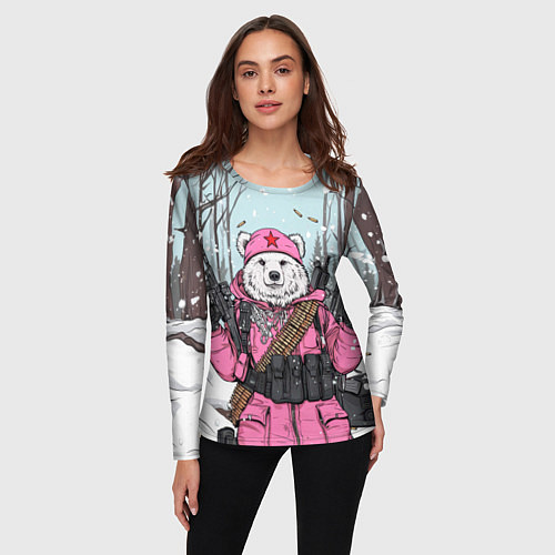 Женский лонгслив Русский медведь в розовой куртке / 3D-принт – фото 3