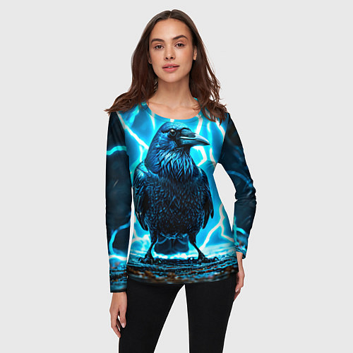 Женский лонгслив Черный ворон в разрядах молнии / 3D-принт – фото 3