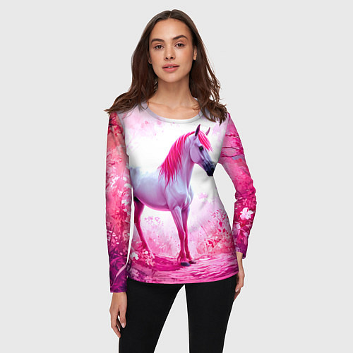 Женский лонгслив Белая лошадь с розовой гривой / 3D-принт – фото 3