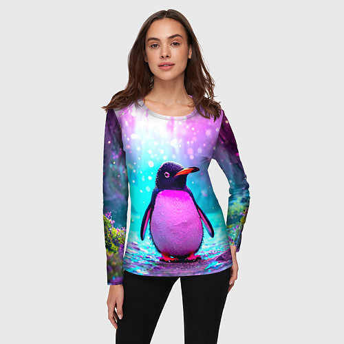 Женский лонгслив Пингвин в неоновых искрах / 3D-принт – фото 3