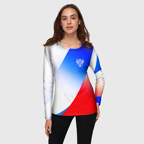Женский лонгслив Герб России на фоне цветов флага градиент / 3D-принт – фото 3