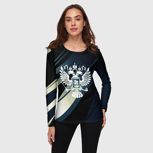 Женский лонгслив Герб России Двуглавый орёл чёрно-синий / 3D-принт – фото 3