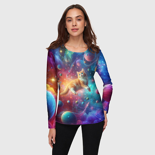 Женский лонгслив Рыжий космический котёнок - неоновое свечение / 3D-принт – фото 3