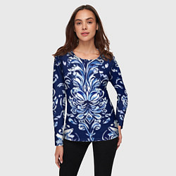 Лонгслив женский Гжель русский орнамент королевский синий, цвет: 3D-принт — фото 2