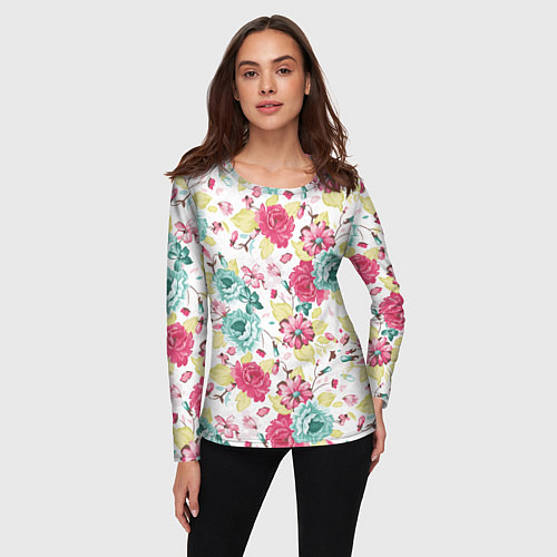 Женский лонгслив Розы красные и бирюзовые / 3D-принт – фото 3