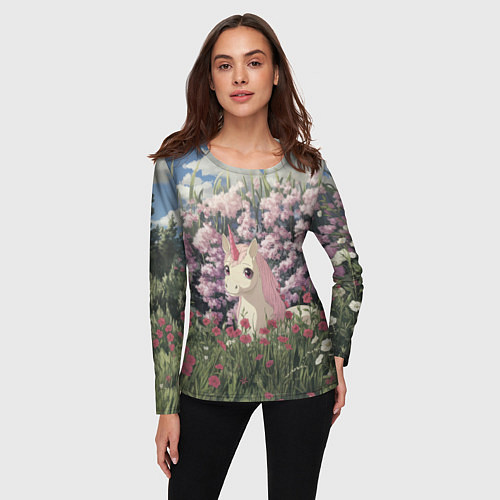 Женский лонгслив Единорог на фоне сирени / 3D-принт – фото 3