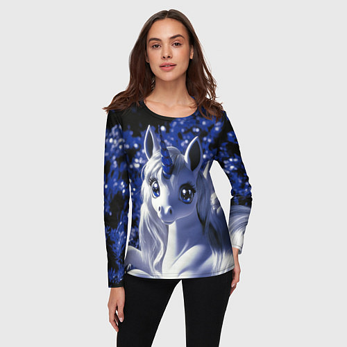 Женский лонгслив Единорог - синий рог / 3D-принт – фото 3