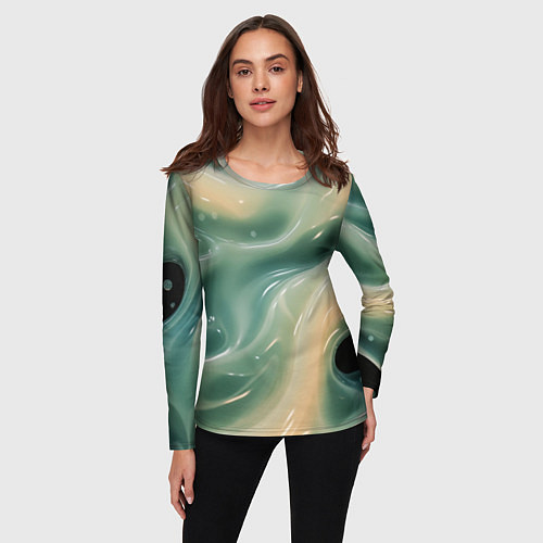 Женский лонгслив Лазурная слизь на черном текстура / 3D-принт – фото 3