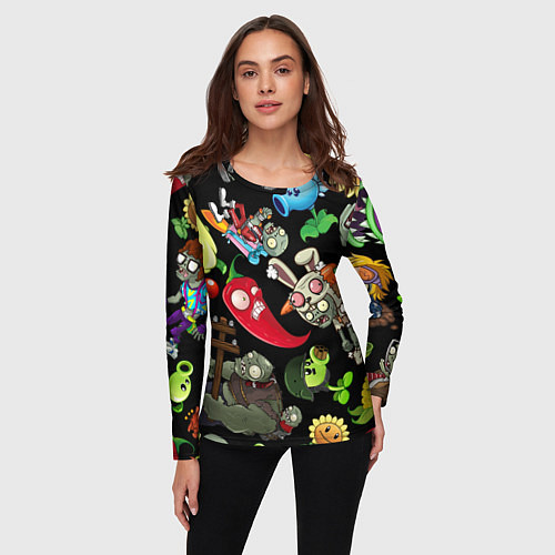 Женский лонгслив Растения против зомби персонажи на черном / 3D-принт – фото 3