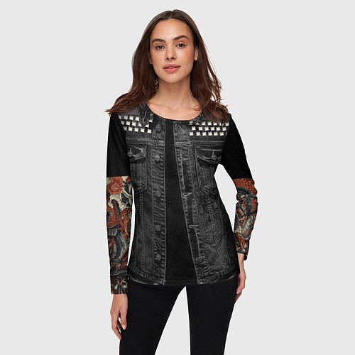 Женский лонгслив Джинсовка с татуировкой дракона и самурая - имитац / 3D-принт – фото 3