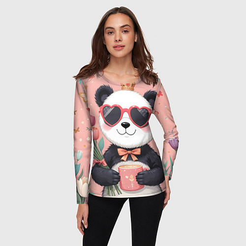 Женский лонгслив Панда с поздравлениями и с цветами / 3D-принт – фото 3