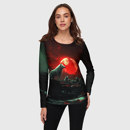 Женский лонгслив Белый волк на фоне красной луны / 3D-принт – фото 3