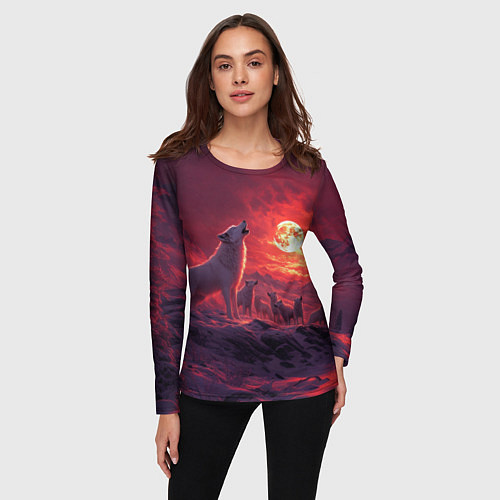 Женский лонгслив Белый волк воет на луну / 3D-принт – фото 3
