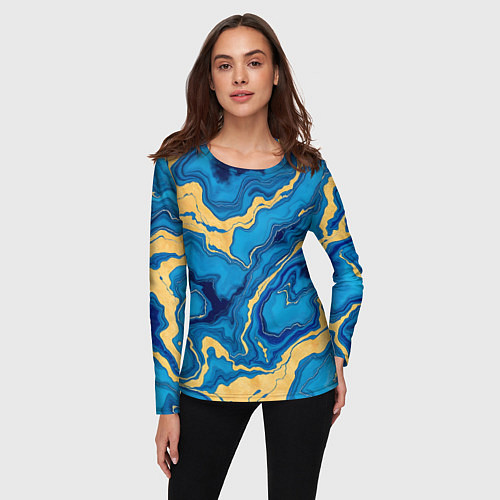 Женский лонгслив Синий мрамор с золотом / 3D-принт – фото 3