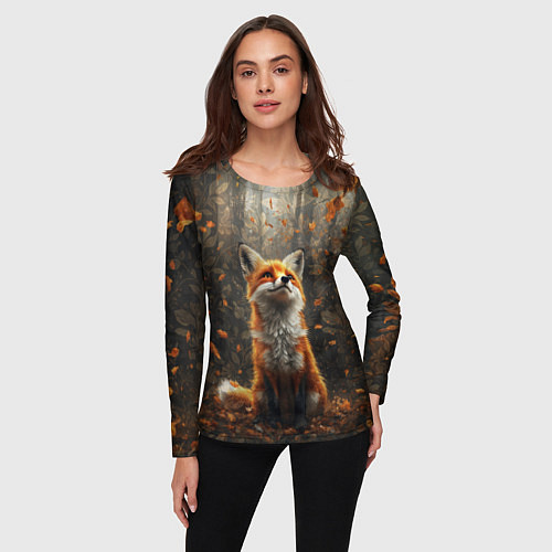 Женский лонгслив Довольный лис в лесной чаще / 3D-принт – фото 3