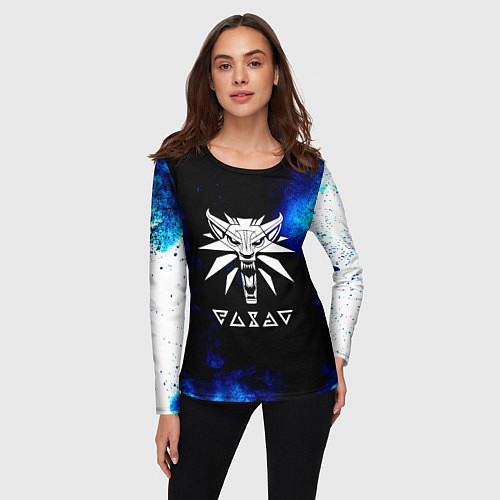 Женский лонгслив Ведьмак лого синие краски / 3D-принт – фото 3
