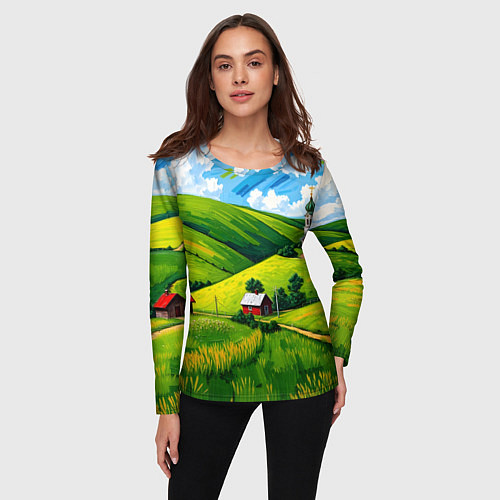 Женский лонгслив Русская деревенька / 3D-принт – фото 3