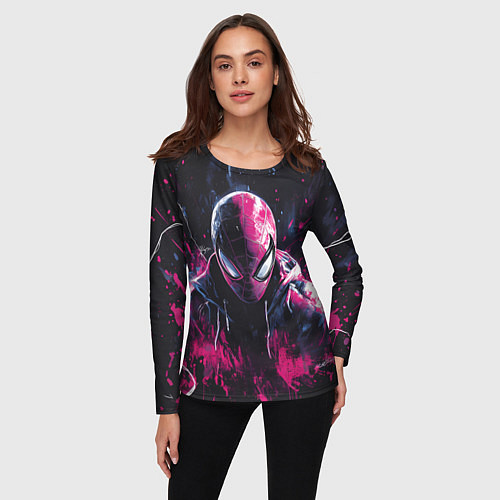 Женский лонгслив Человек-паук и розовая краска / 3D-принт – фото 3