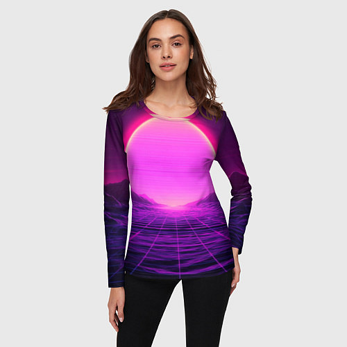 Женский лонгслив Синтвейв ретровейв неоновый узор и солнце / 3D-принт – фото 3