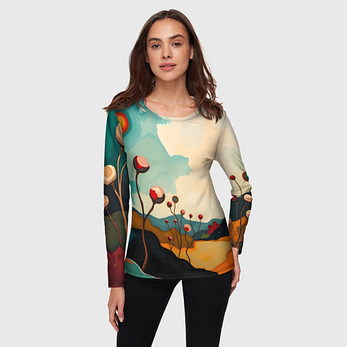 Женский лонгслив Сюрреалистичный пейзаж с цветами / 3D-принт – фото 3