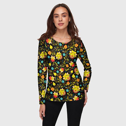 Женский лонгслив Хохлома цветы / 3D-принт – фото 3