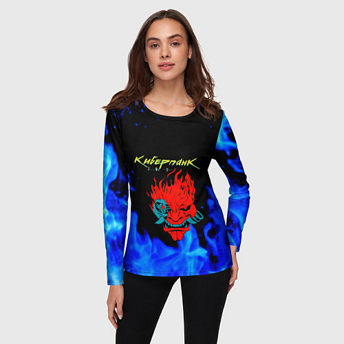 Женский лонгслив Киберпанк голубой огонь / 3D-принт – фото 3