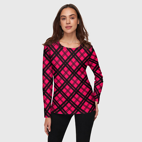 Женский лонгслив Чёрно-розовый крупная клетка / 3D-принт – фото 3
