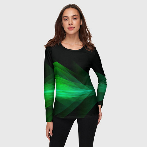 Женский лонгслив Неоновая зеленая абстракция на черном фоне / 3D-принт – фото 3