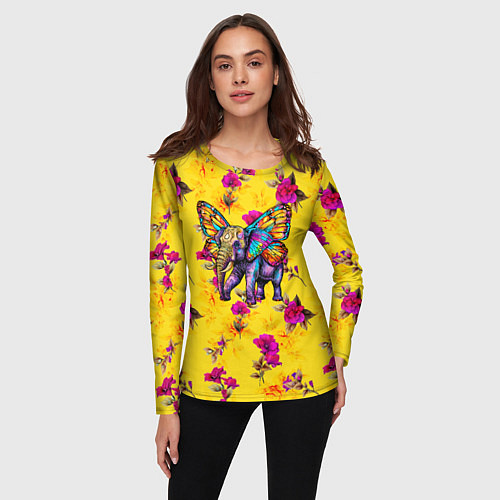 Женский лонгслив Слон с крыльями бабочки на цветочном фоне / 3D-принт – фото 3