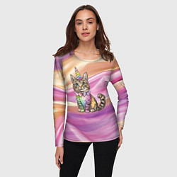 Лонгслив женский Котенок в костюме единорога, цвет: 3D-принт — фото 2