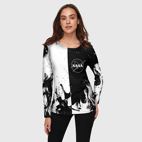 Женский лонгслив Nasa черно белый огонь / 3D-принт – фото 3