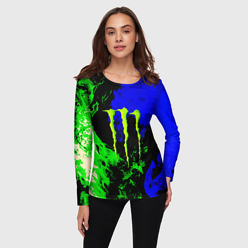 Женский лонгслив Monster energy кислотный огонь / 3D-принт – фото 3