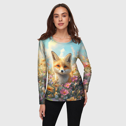 Женский лонгслив Лиса в цветочном поле / 3D-принт – фото 3
