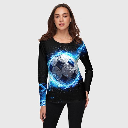Женский лонгслив Футбольный мяч в синем пламени / 3D-принт – фото 3