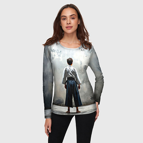 Женский лонгслив Боец айкидо на сером / 3D-принт – фото 3