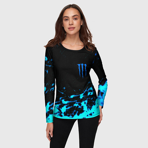 Женский лонгслив Monster energy голубые краски / 3D-принт – фото 3