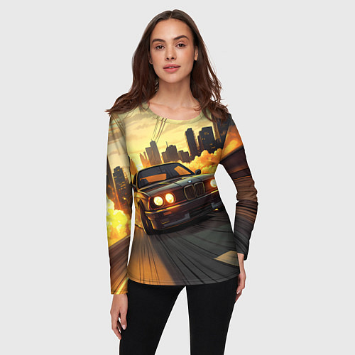 Женский лонгслив БМВ на фоне заката / 3D-принт – фото 3