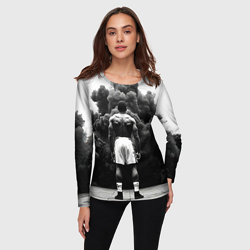 Женский лонгслив Мухаммед Али в черном дыму / 3D-принт – фото 3