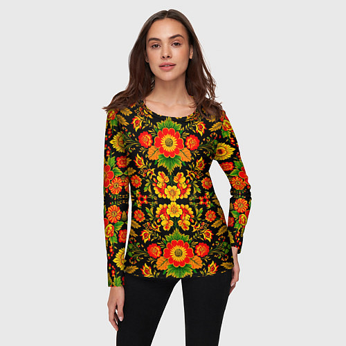 Женский лонгслив Русская хохломская роспись / 3D-принт – фото 3