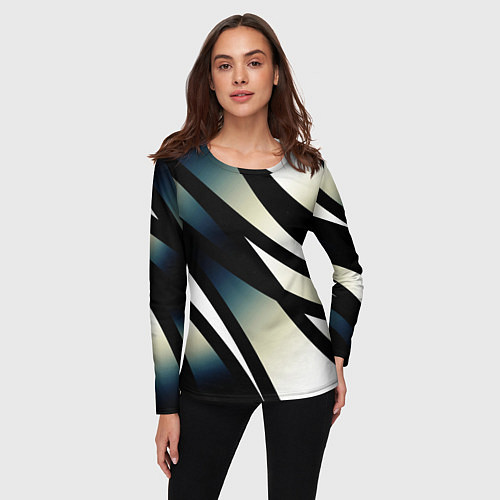 Женский лонгслив Чёрно-белый с синим затемнением полосы / 3D-принт – фото 3