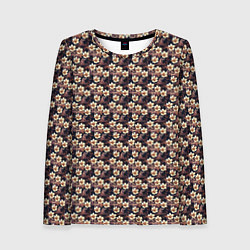 Лонгслив женский Цветочный тёмно синий с нежным бежевым, цвет: 3D-принт