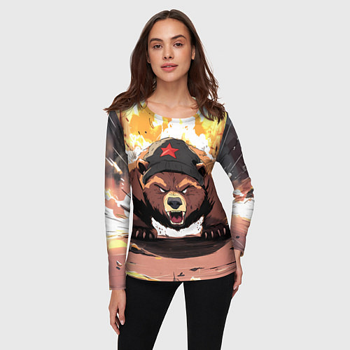 Женский лонгслив Злой русский медведь с пилоткой на голове / 3D-принт – фото 3