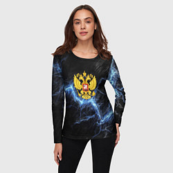 Лонгслив женский Герб РФ на черной текстуре с синими потертостями, цвет: 3D-принт — фото 2